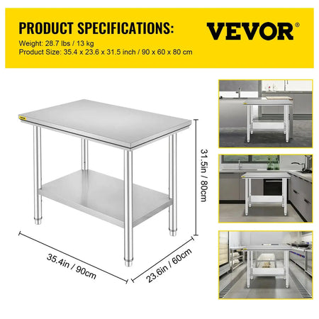 Stainless Steel Kitchen Work Bench With Undershelf 330Lbs 35x24x32 inch 286LBS / france