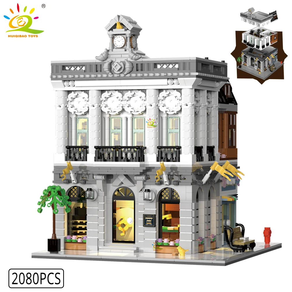 HUIQIBAO MOC City Corner Coffee Shop Blocks &ndash; Fun Build NO.4 / Has light and box