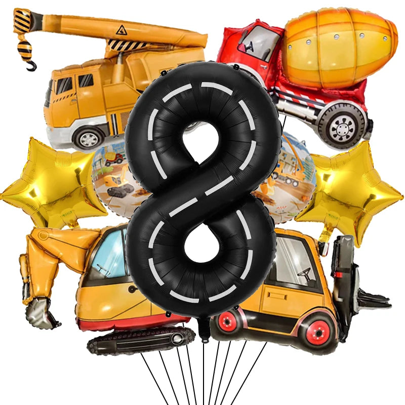 9Pcs/1Set Construction Vehicle Aluminum Film Balloon Excavator Crane 1-9 Digital Balloons Boys Birthday Party Decor Balloons Number8 set / Other