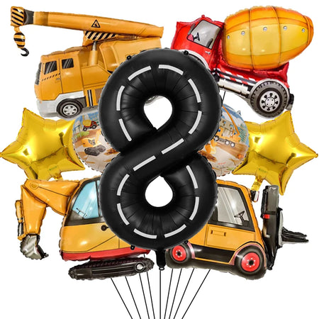 9Pcs/1Set Construction Vehicle Aluminum Film Balloon Excavator Crane 1-9 Digital Balloons Boys Birthday Party Decor Balloons Number8 set / Other