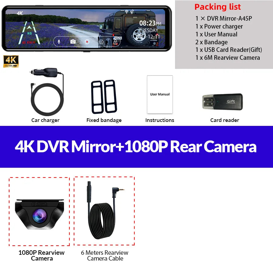 Acceo A45P Mirror Car Recorder &ndash; 4K Ultra HD 12 Inch IPS DVR With 6M SONY RC / 128G