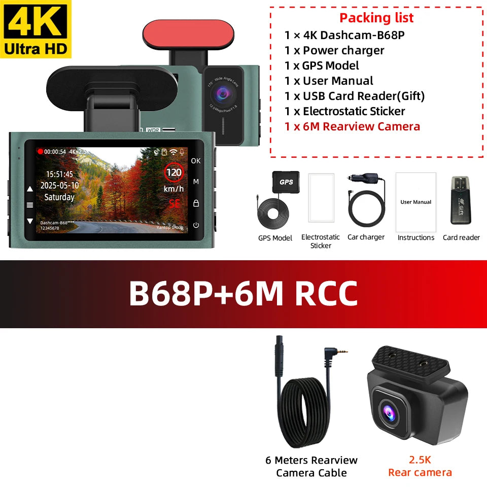 ACCEO 4K Dashcam - Front 4K Rear 2.5K Night Vision GPS B68P-6M RCC / 128G