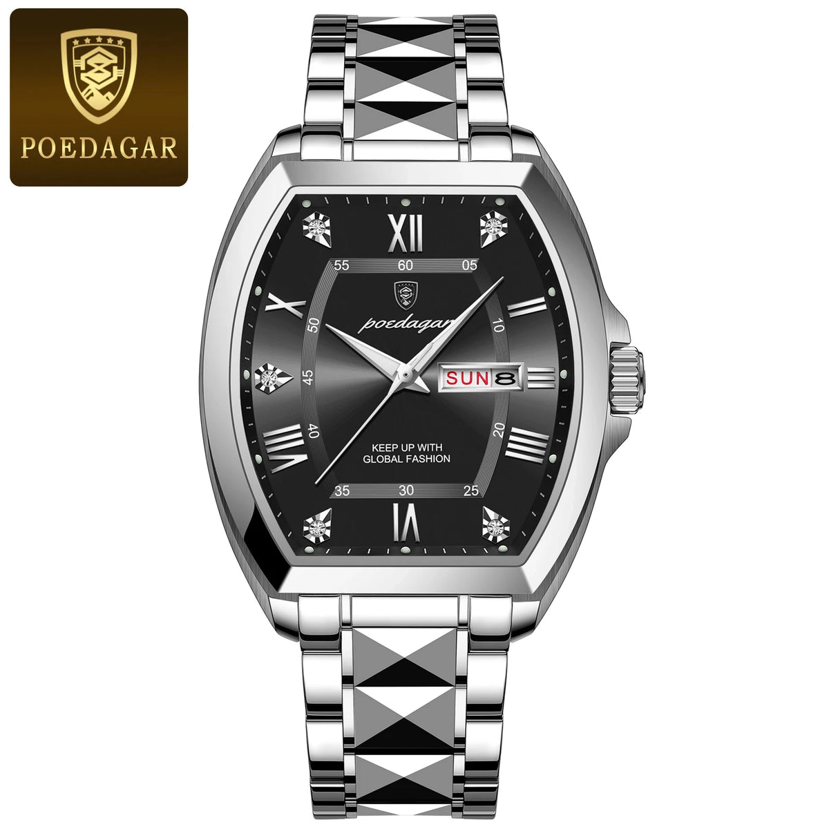Poedagar Luxury Tonneau Men Wristwatch &ndash; Luminous Dial 958 Silver Black