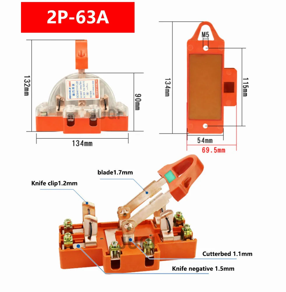 2P Knife Switch 32A 63A 100A &ndash; Double Throw High Power 220V transparent 63A