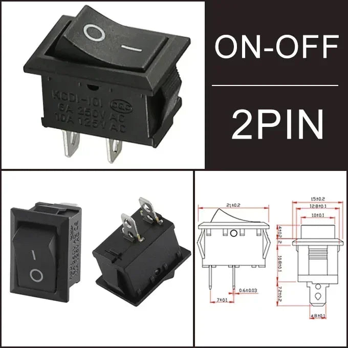 10/30/100 Pcs KCD1 Snap - in Boat Rocker Switch - SPST ON - OFF, 2/3/4 Pin, 250V 6A (AC) / 125V 10A, 2P Toggle Power Snap Switch Black 2Pin / 10 PCS