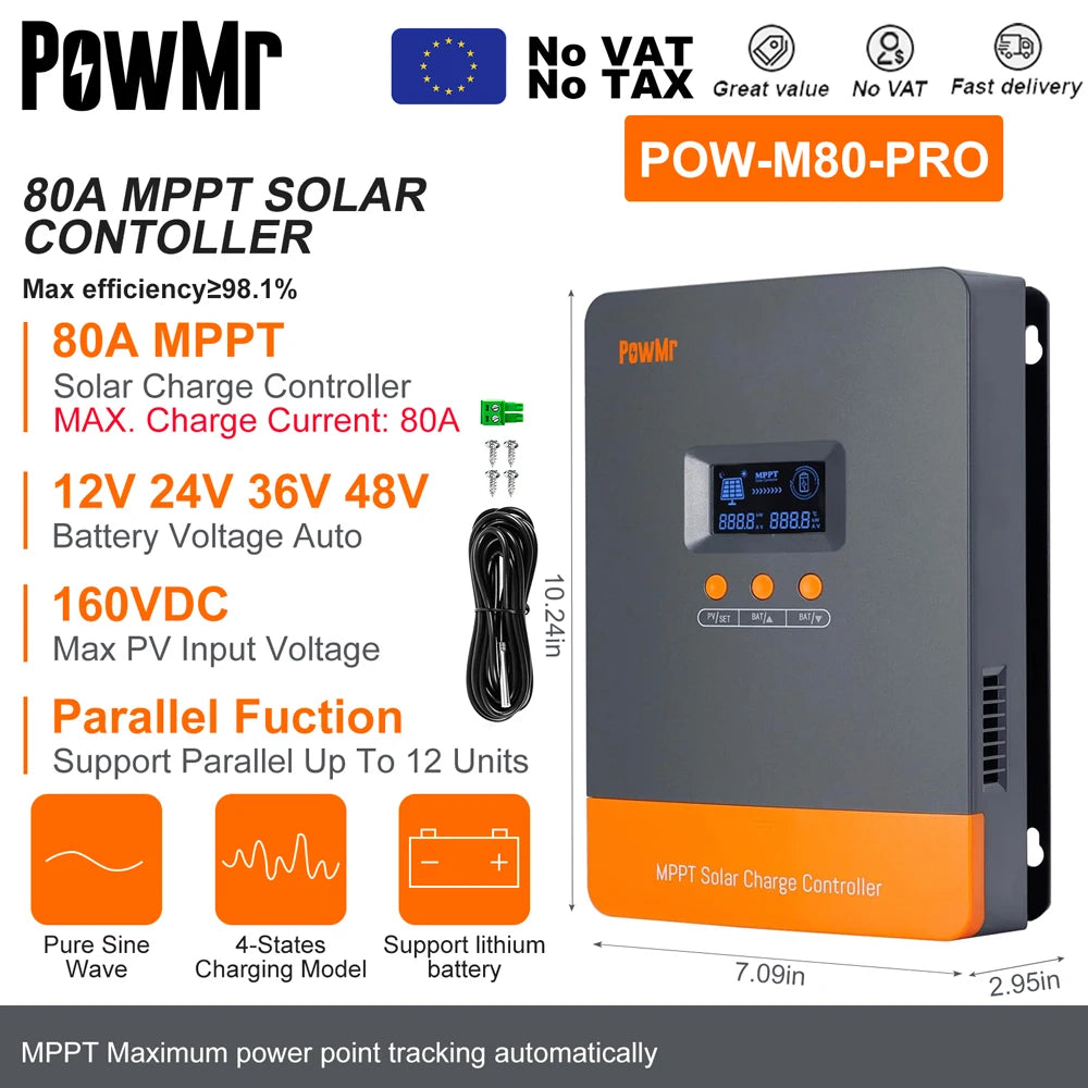 PowMr MPPT Solar Charge Controller &ndash; LCD Display, 12V-48V 80A-Parallel MPPT / france