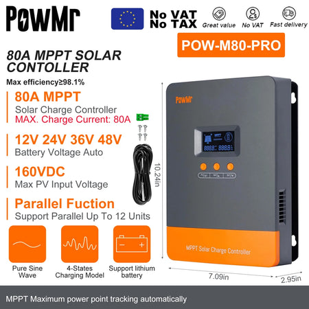 PowMr MPPT Solar Charge Controller &ndash; LCD Display, 12V-48V 80A-Parallel MPPT / france