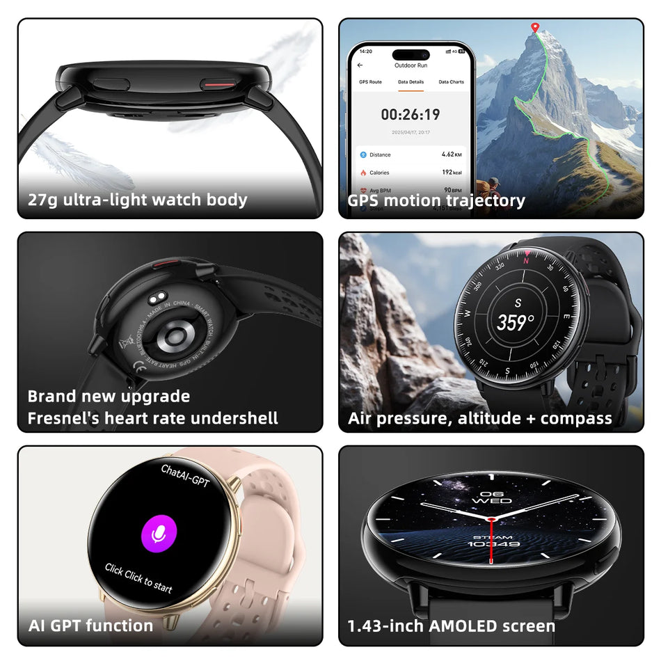 GPS Smartwatch 1.43 Inch AMOLED, Compatible with Huawei, Waterproof Bluetooth