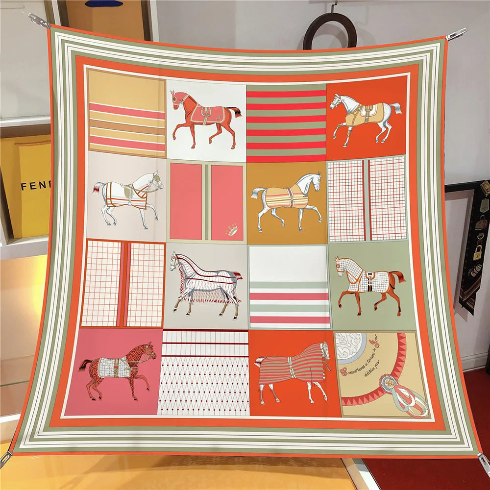 Pobing 90cm Twill Silk Scarf &ndash; Elegant Checkered Horse Print PINK(5) / 90CM x 90CM / CHINA|>8Y