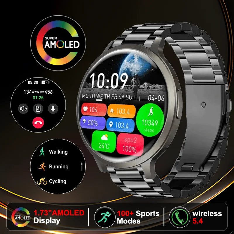 Ultra-Thin AMOLED Smart Watch with 100+ Sports Modes and Wireless Calling Black steel strap / 1.73 AMOLED Display
