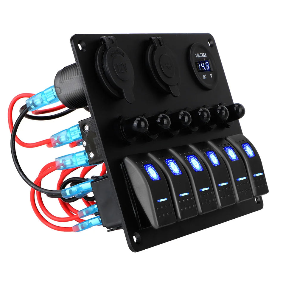 RV 6 Pavarų Rokero Jungiklio Pultas 12V 24V su USB Voltmetru ir Cigarečių Degikliu