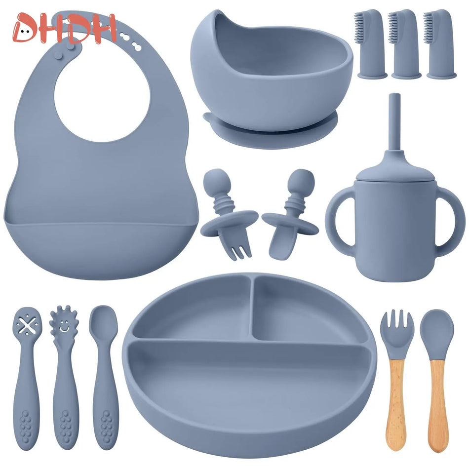 Silikon Baby Essgeschirrset mit Saugbowl, geteilter Platte, Löffel und Gabel