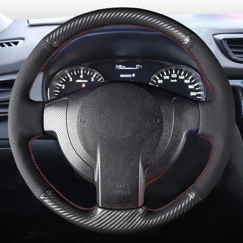 Stuurwielhoes van zwart koolstofvezelleer voor Nissan Qashqai J10