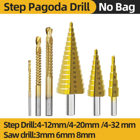 HSS Titanium Step Drill Bit Set for Metal &amp; Wood - High-Speed Steel, 4-12mm, 4-20mm, 4-32mm Step Saw Drill Set
