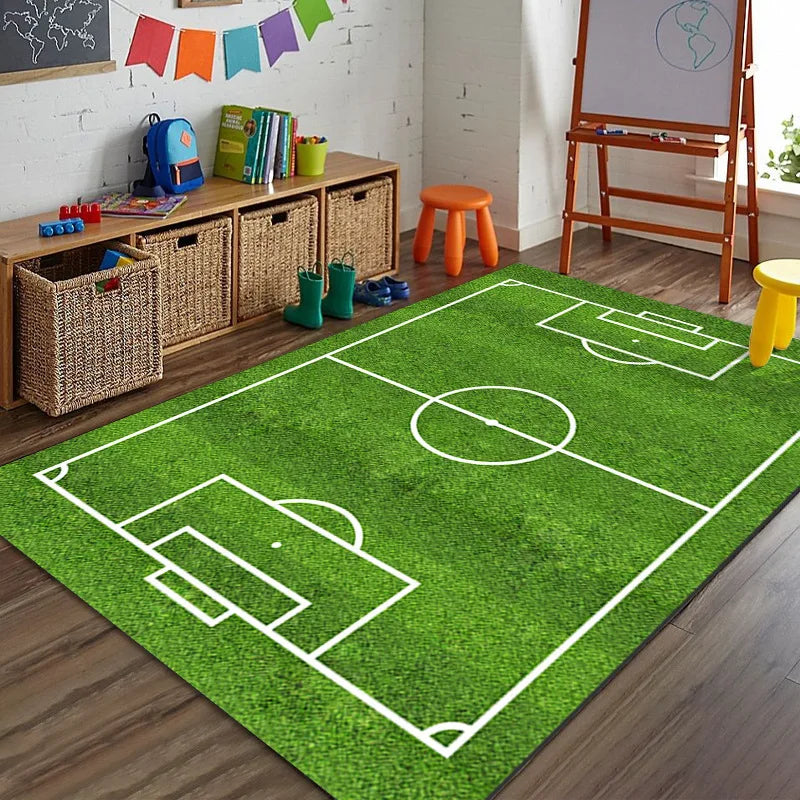 Soccer Field Floor Mat for Kids, White Line Game Area, Non Slip Polyester Carpet, Washable