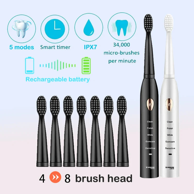 Clean Adult Black White Classic Acoustic Electric Toothbrush &ndash; Customizable 5-Gear Mode