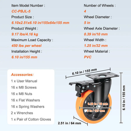 2/3/4/5/6 Inch Casters Set of 4 - Dual Locking 5 in / UNITED KINGDOM