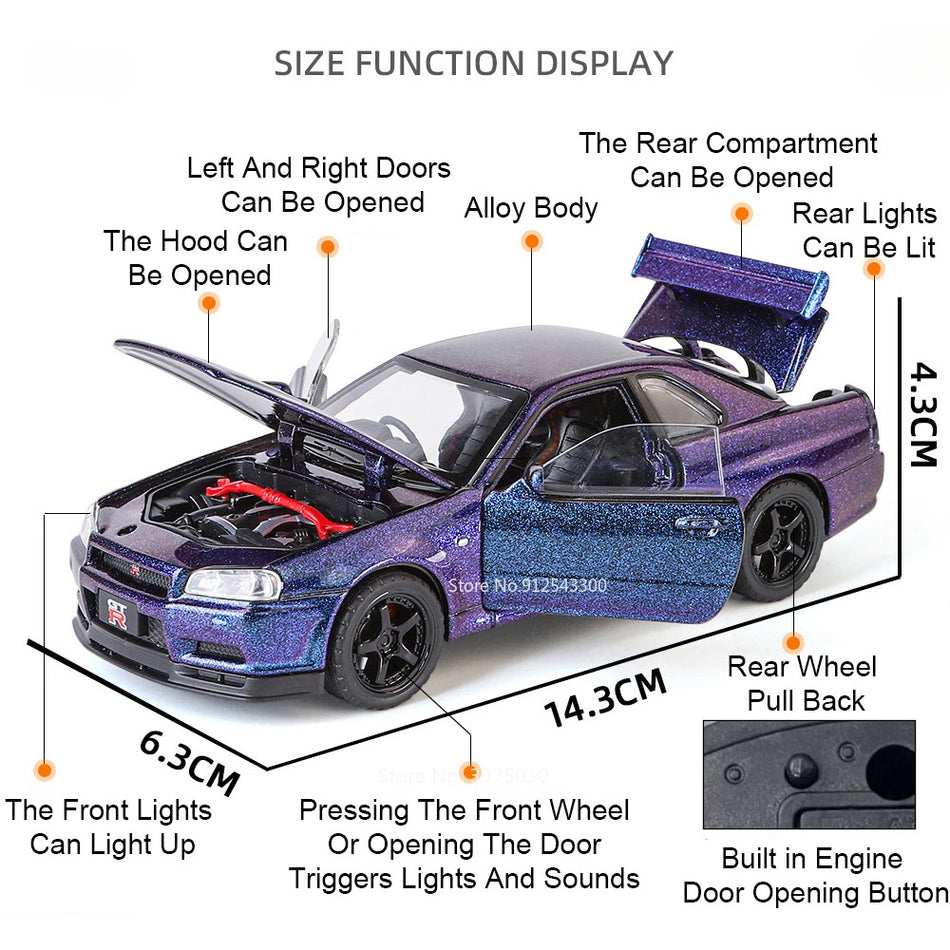 Mașină model din metal turnat, scară 1:32 pentru Nissan Skyline GTR R34
