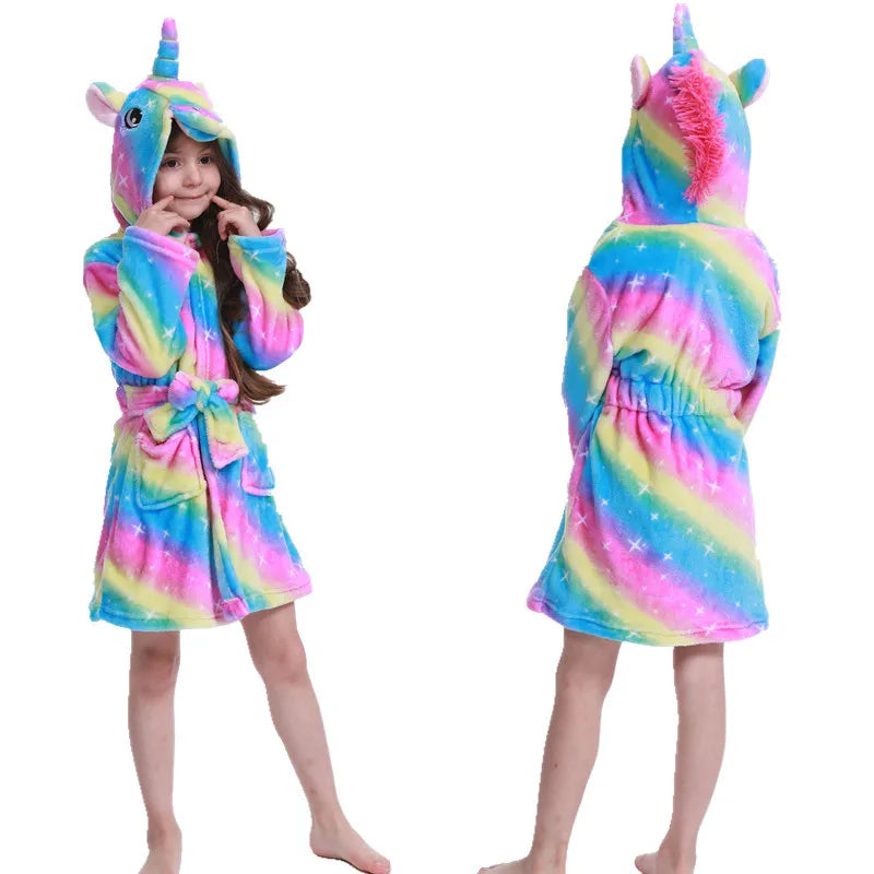 Unicorn Kids Hooded Bathrobe - Flannel Fleece Sleepwear for Girls