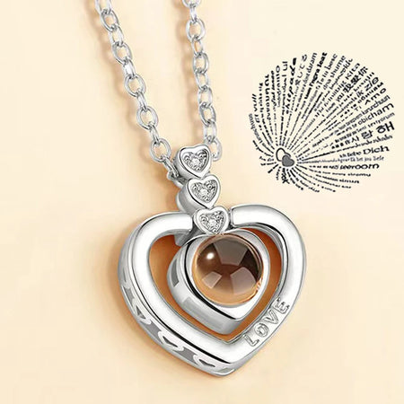 100 Languages of Love Heart Pendant Necklace for Couples Silver-04 / 45cm