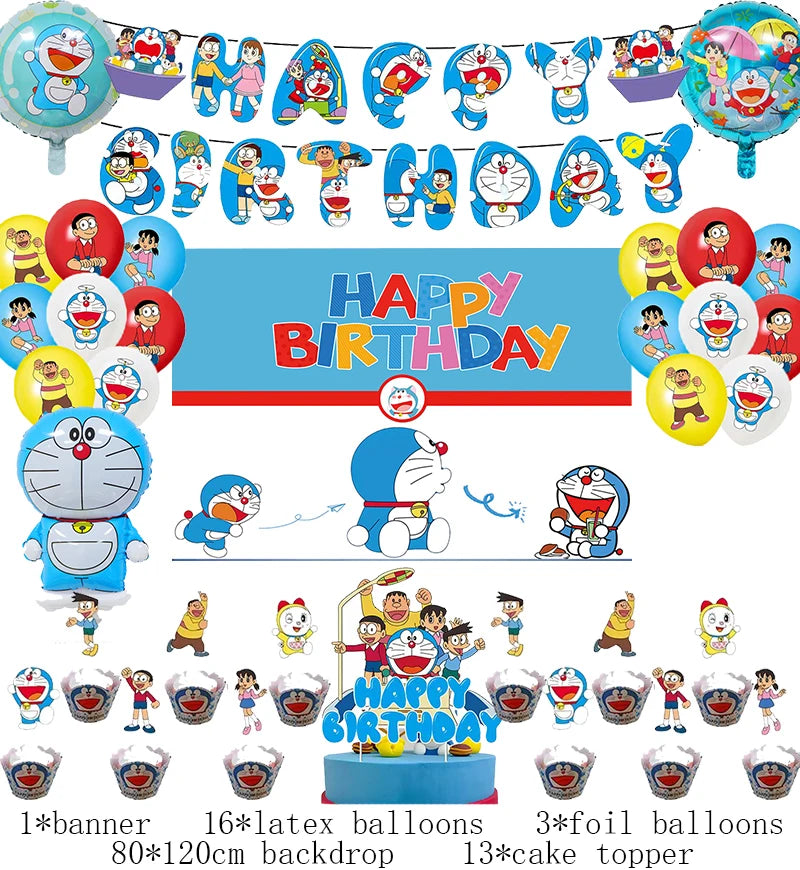 Doraemon Birthday Party Decoration Set with Banner, Cake Topper &amp; Balloons 1set B / Other / CHINA