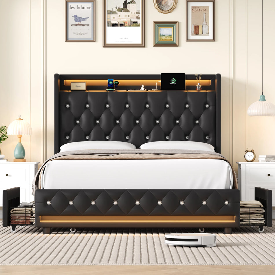 Getone Upholstery Bed 140x200 Led Storage Drawers Modern