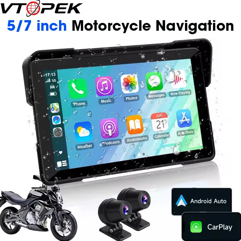Vtopek 7 Inch Motorcycle DVR GPS Navigation &ndash; IPX7 Waterproof Wireless CarPlay and Android Auto