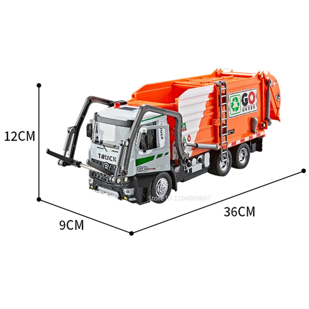 1:18 Model Toy Electric Sanitation Garbage Trucks Metal Diecast Alloy Crane Sound Light Doors Opened Engineering Vehicle Gifts Garbage Truck Orange