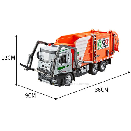 1:18 Model Toy Electric Sanitation Garbage Trucks Metal Diecast Alloy Crane Sound Light Doors Opened Engineering Vehicle Gifts Garbage Truck Orange