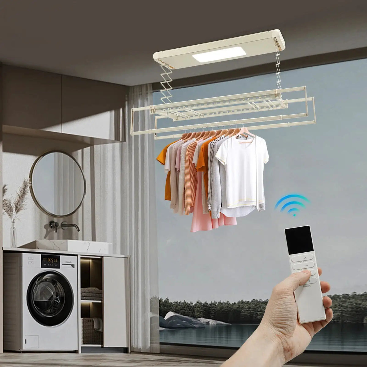 Electric Ceiling Mount Drying Rack &ndash; Remote LED Light