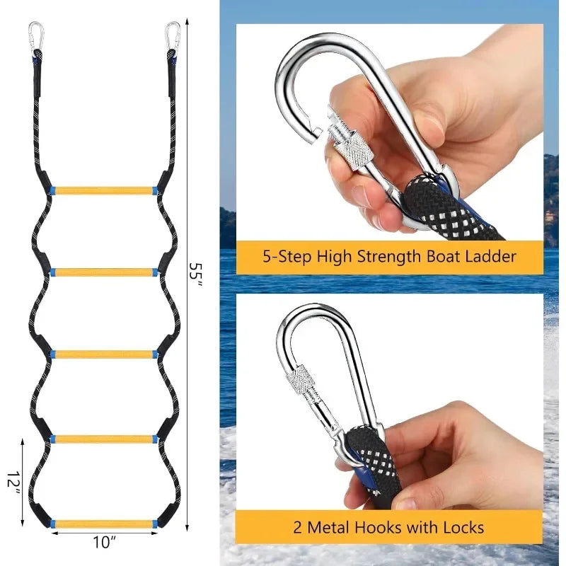 5-Step Boat Yacht Ladder - Durable Rope Ladder for Kayaks, Motorboats &amp; Canoes