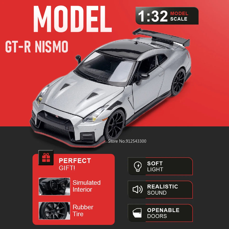 Coche de metal a escala 1:32, con sonido y luz para Nissan GT-R