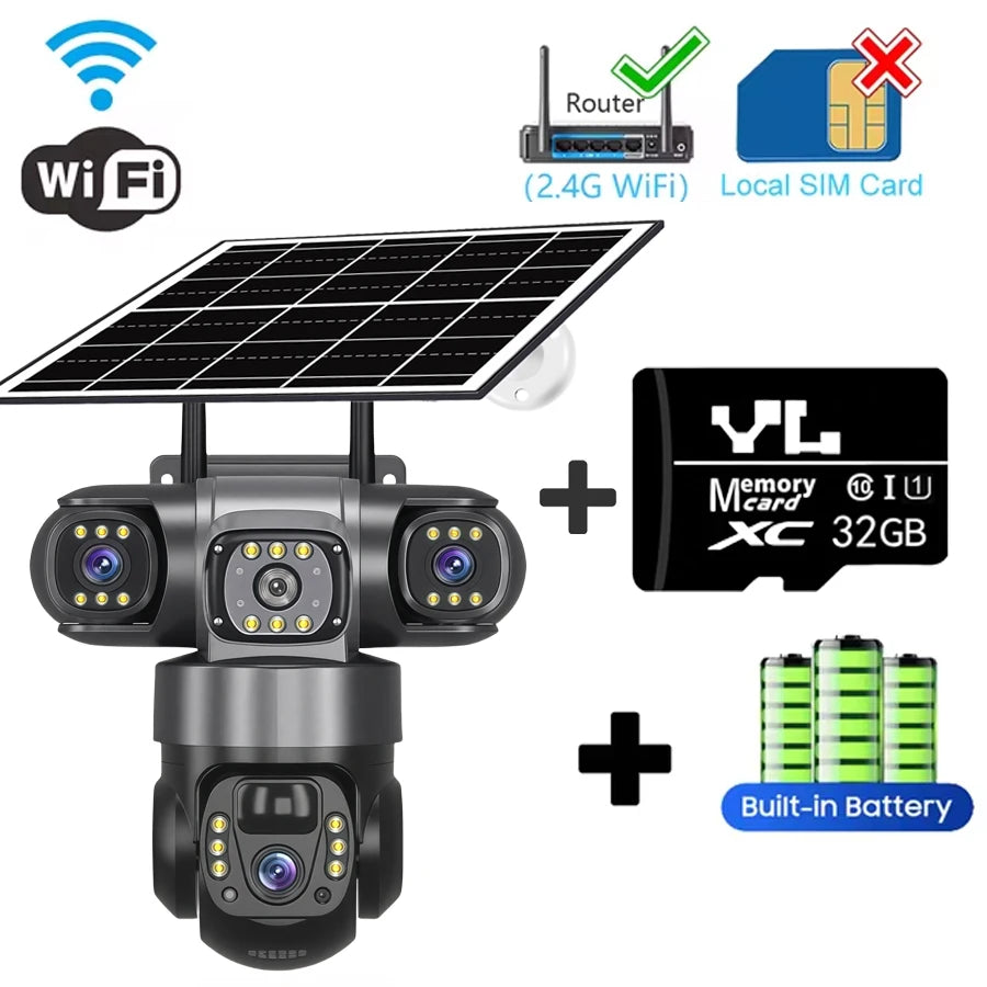 V380PRO 15MP WiFi Solar Camera 3 Lens 360 Outdoor Waterproof CCTV Night Vision Two-Way Audio Camera Mobile Tracking HD IP Camera WiFi Cam 32G Card