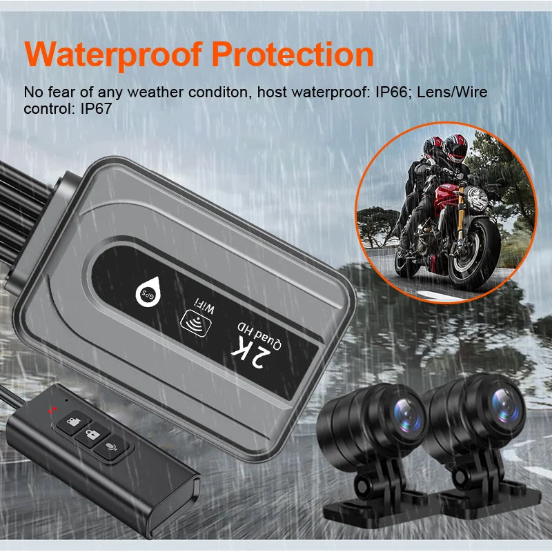 Kocam Dual 2K Motorcycle DVR &ndash; Waterproof Front and Rear Camera Recorder with WiFi GPS