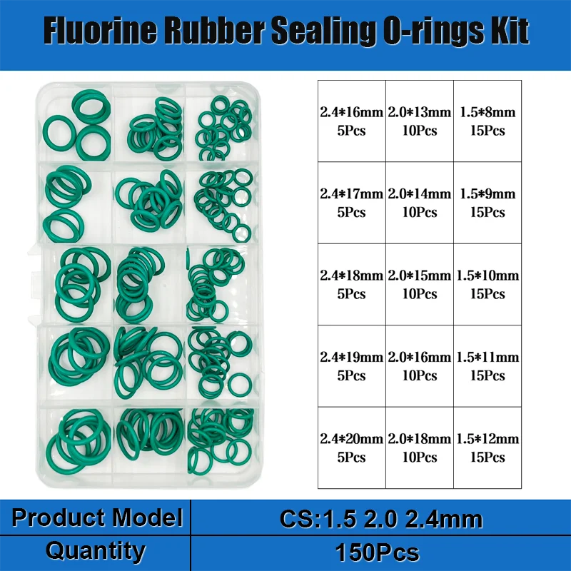 Green FKM Fluorine Rubber O Ring &ndash; Acid And Alkali Resistant Oilproof Seal 150pcs CS 1.5-2.4mm