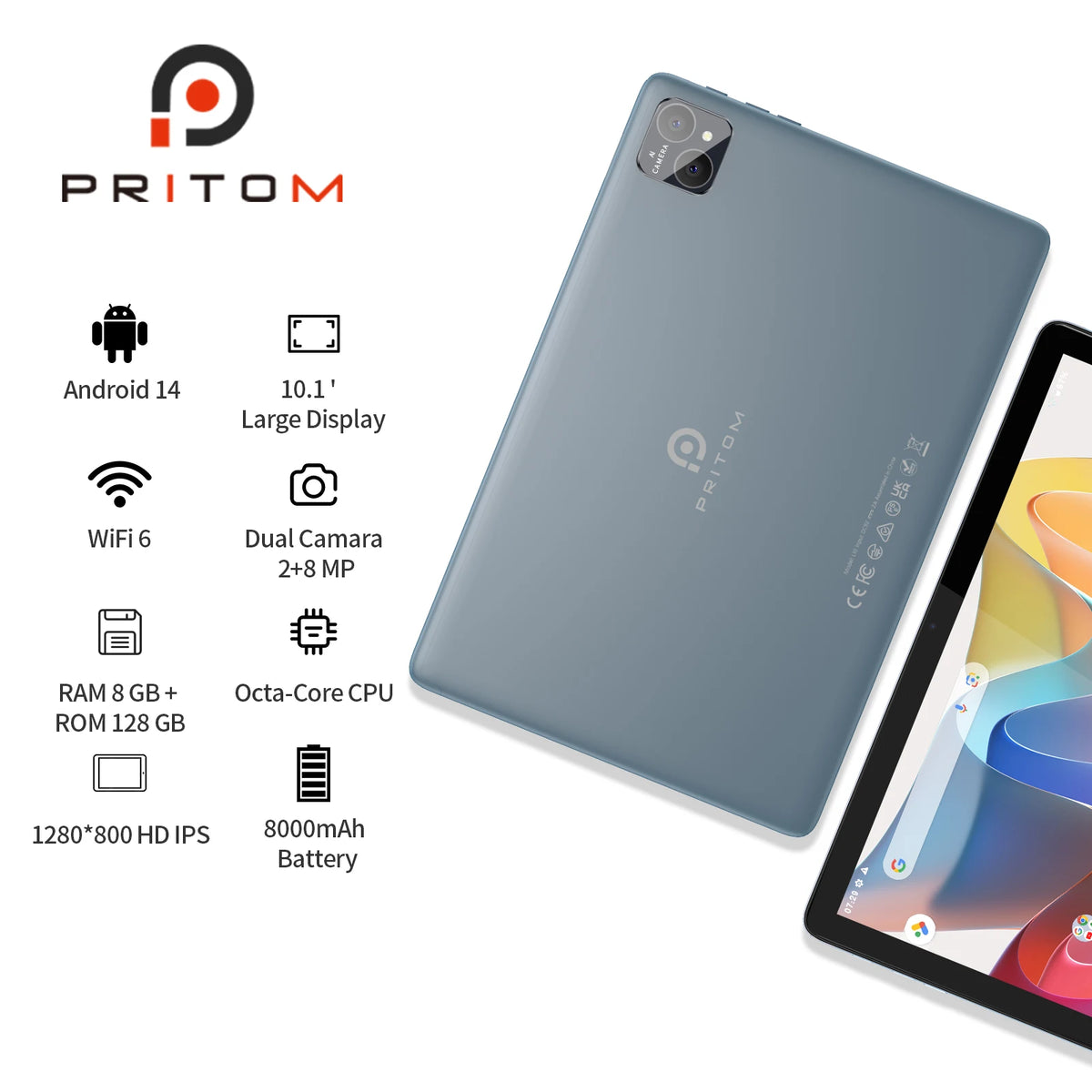 PRITOM TAB11 Android 14 Tablet, 10 Inch, Octa-Core, 5G WiFi6, 128GB ...