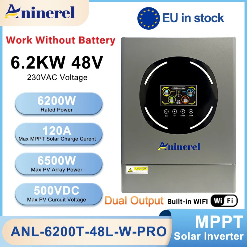 Aninerel 6.2kW 48V Hybrid Solar Inverter Dual Output With Color LCD RGB Lighting MPPT 120A PV 500VDC