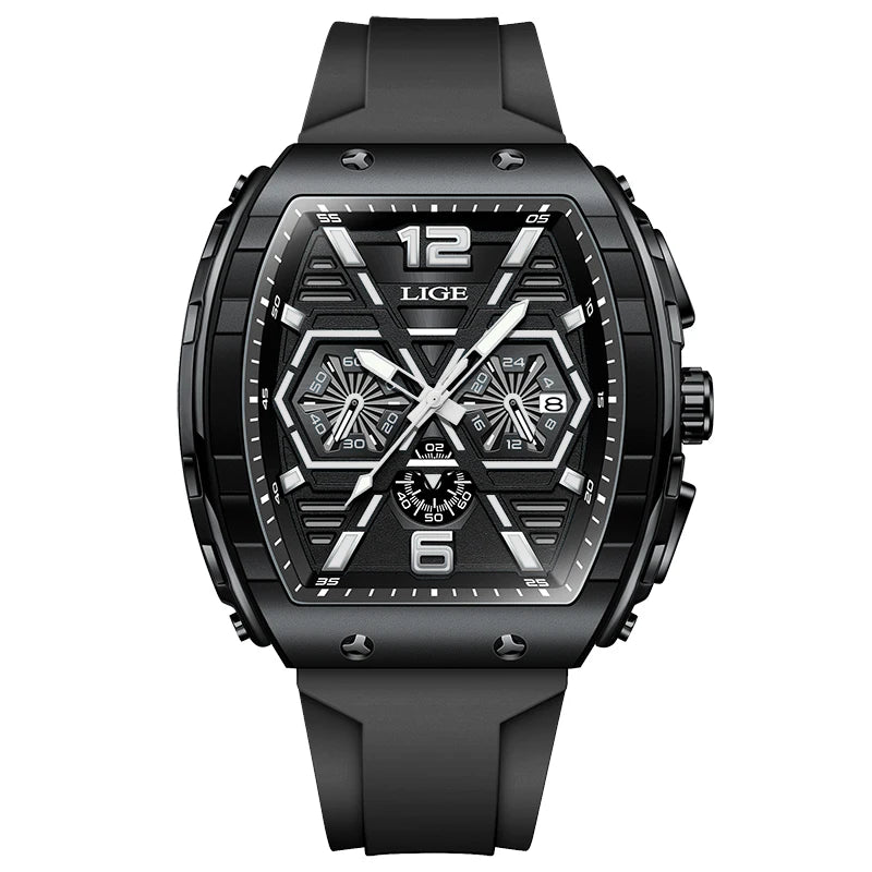 LIGE Luxury Square Casual Quartz Watch - 50M Waterproof Chronograph Black