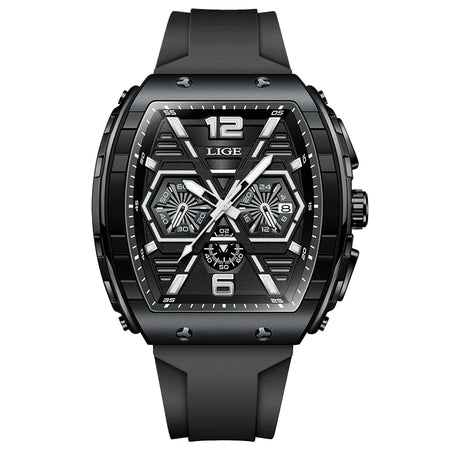 LIGE Luxury Square Casual Quartz Watch - 50M Waterproof Chronograph Black