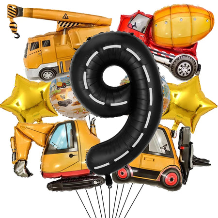 9Pcs/1Set Construction Vehicle Aluminum Film Balloon Excavator Crane 1-9 Digital Balloons Boys Birthday Party Decor Balloons Number9 set / Other