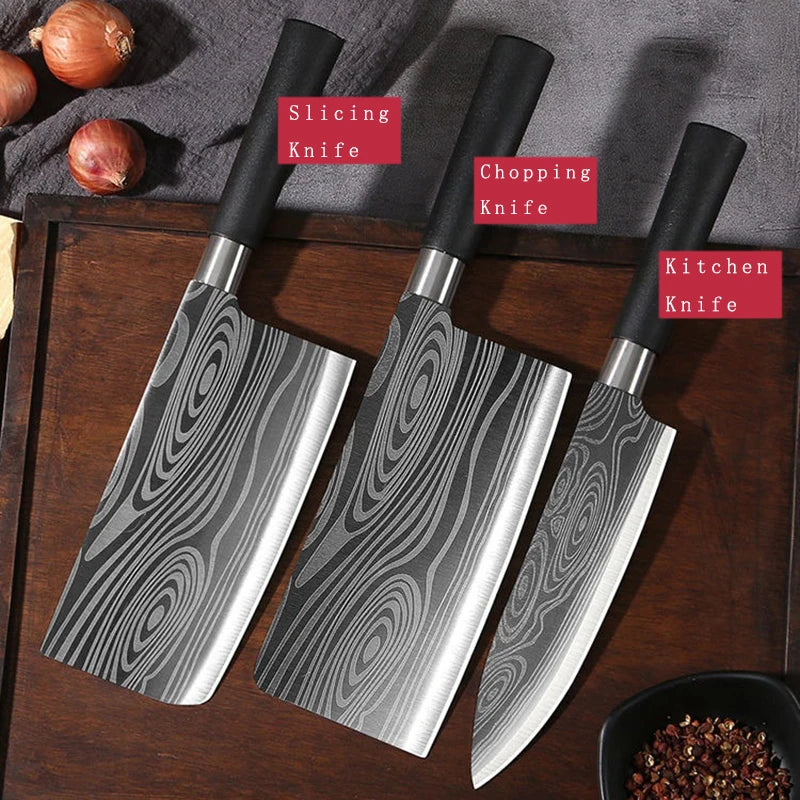 Laser Damascus Kitchen Knives Set with Scissors and Sharpening Rod 3 Pcs