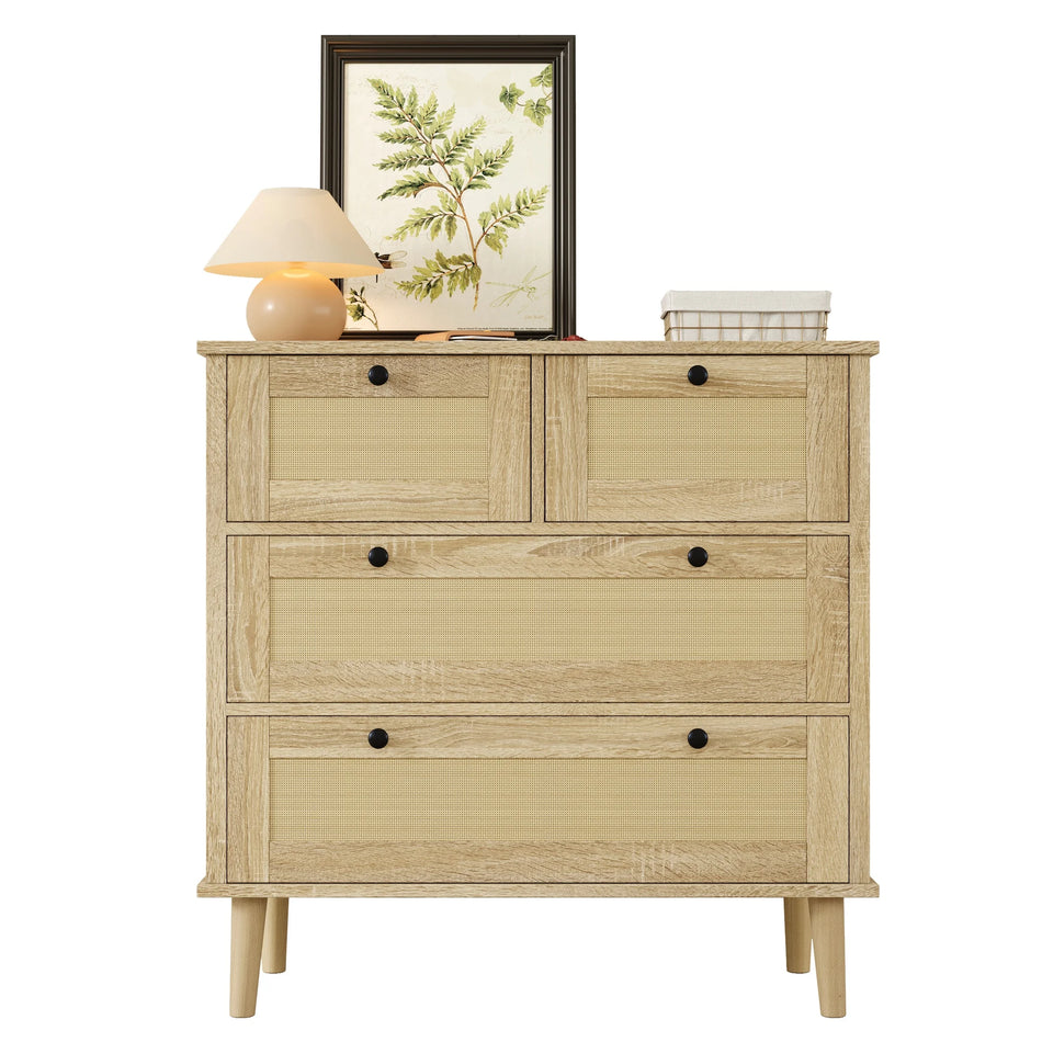 Cassettiera in Rattan a Quattro Cassetti con Gambe in Legno Massello Finitura Naturale