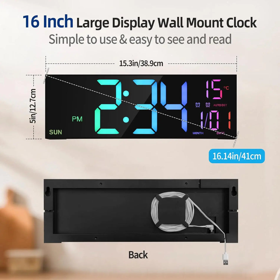 16.2'' Large Digital Wall Clock with Remote - 8 RGB Colors, Dual Alarm, LED Display