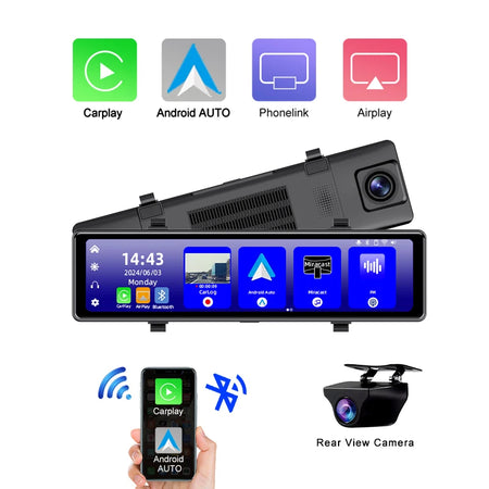 Acceo 4K Dashcam Rearview Mirror Car DVR - Wireless CarPlay