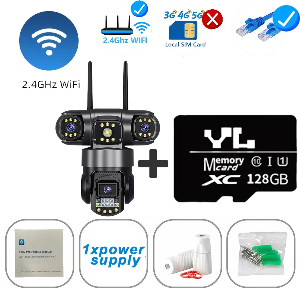 3 Lens Triple Screen Video Surveillance Camera Wifi Network CCTV Camera Wireless 360 Monitor Outdoor Waterproof Security Cameras WIFI Cam 128G Card / US Plug