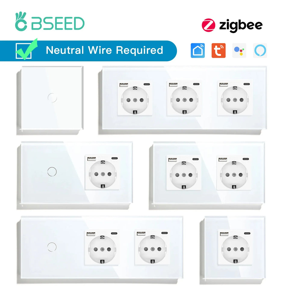 BSEED Zigbee Switches 1/2/3Gang Smart Light Switch EU Wall Sockets Wall Touch Switches Multi-Control Tuya Smart Life APP Alexa