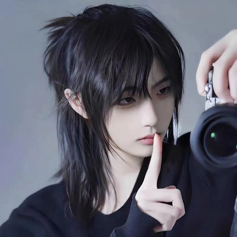 Short Mullet Wig with Bangs - Synthetic Straight Hair for Cosplay and Daily Use