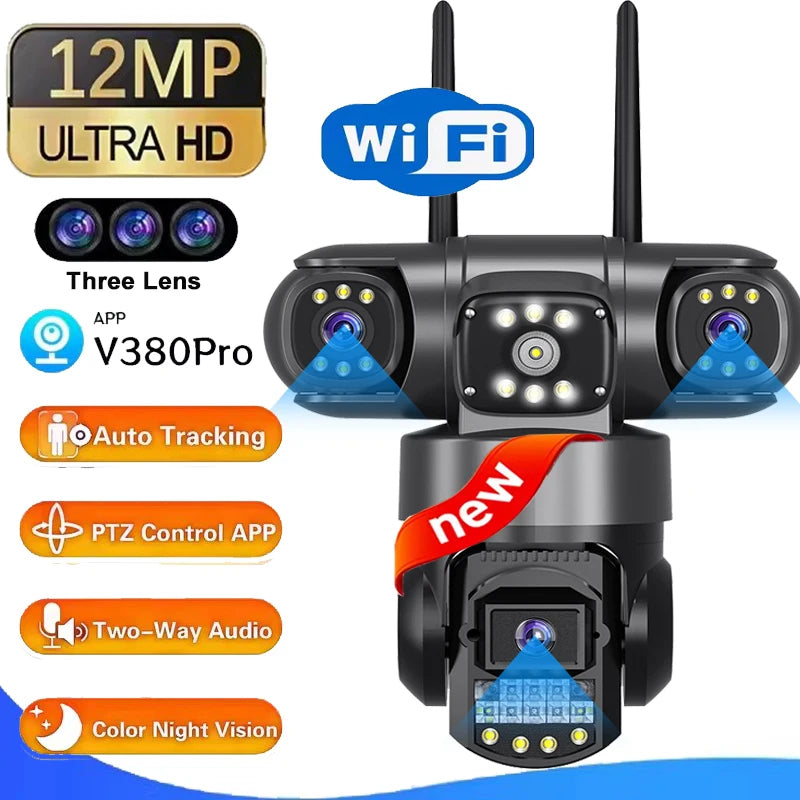 V380 Pro WIFI 12MP 6K Camera Three Lens Color Night Vision Surveillance Monitor Outdoor Motion Detection 3 Screen Video Recorder