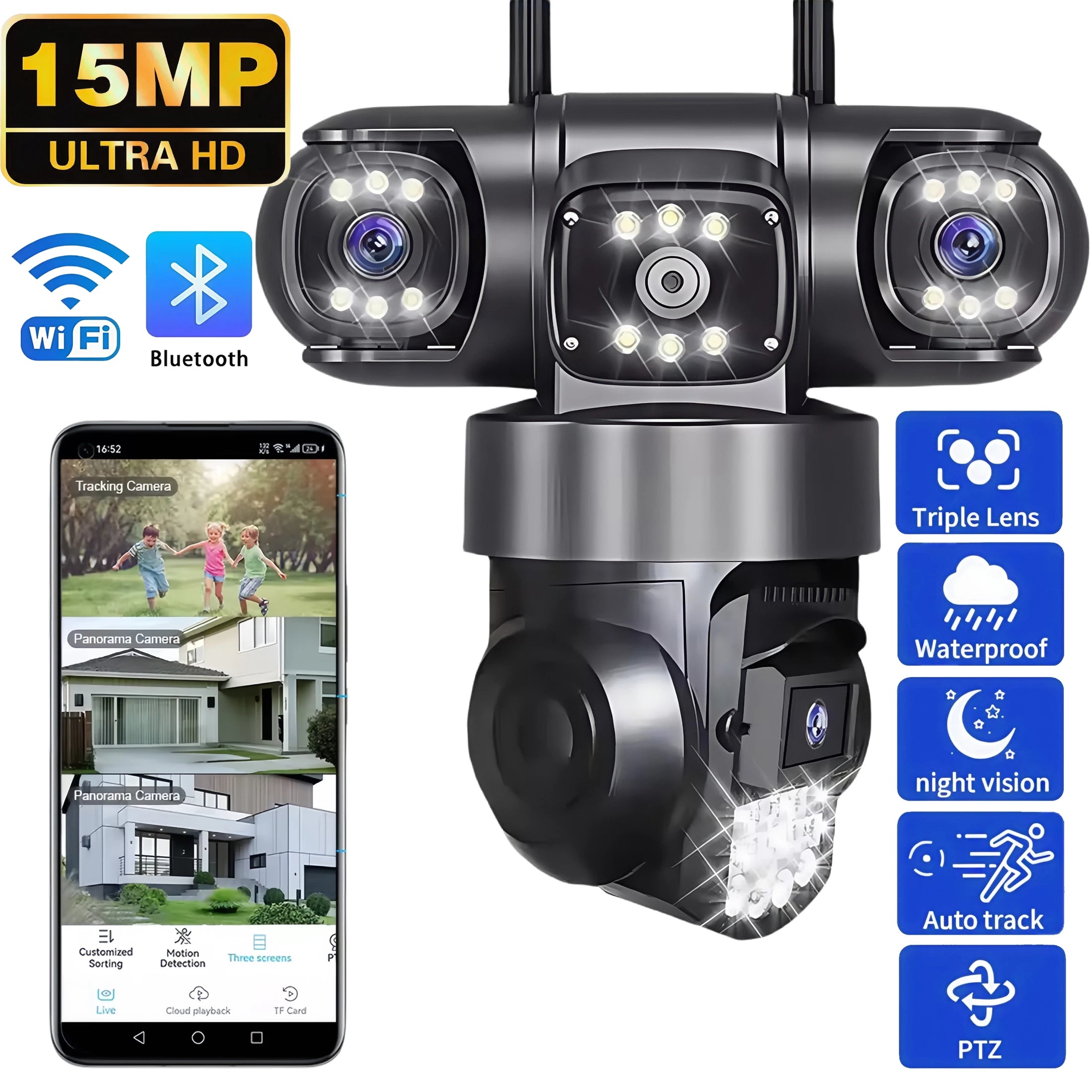 3 Lens Triple Screen Video Surveillance Camera Wifi Network CCTV Camera Wireless 360 Monitor Outdoor Waterproof Security Cameras