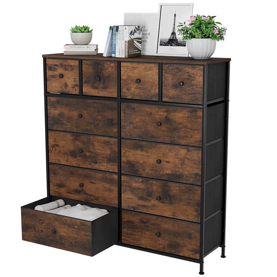 Antique Brown Gray Dresser With Fabric Bins 12 Drawers